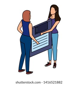 young women lifting floppy disk data storage