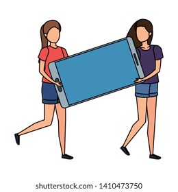 young women lifting smartphone device characters