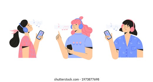 Young women listening to calm pleasant music with headphones through the app in their phone and relaxing. Meditation, harmony concept. Vector illustration in cartoon style