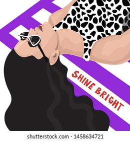 Young women with long black hair in  animal print swimsuit and sunglasses lay on the striped beach towel. vector illustration for modern feminism and slogan "SHINE BRIGHT"