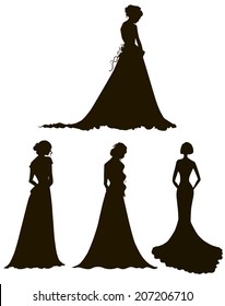 young women in long dresses silhouettes. Brides. Outline. Vector illustration. 