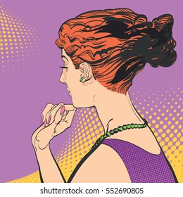 Young  women, a look from the back. A pretty women. Pretty young women. Glamour girl. Cute woman thinking about something. Cute pin-up girl. Dot backdrop. Pop art retro style illustration. 