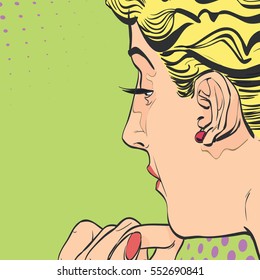 Young  women, a look from the back. A pretty women. Pretty young women. Glamour girl. Cute woman thinking about something. Cute pin-up girl. Dot backdrop. Pop art retro style illustration. 