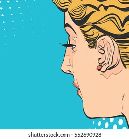 Young  women, a look from the back. A pretty women. Pretty young women. Glamour girl. Cute woman thinking about something. Cute pin-up girl. Dot backdrop. Pop art retro style illustration. 