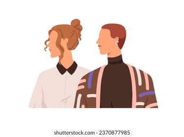 Young women looking in one direction. Girls couple, faces profiles, heads turned aside. Female friends together, neutral emotions, expression. Flat vector illustration isolated on white background