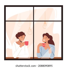 Young Women Looking Through the Window of Home or Cafe Drinking Coffee or Tea Holding Cups in Hands. Girlfriends Characters Meeting for Communication and Chatting. Cartoon People Vector Illustration