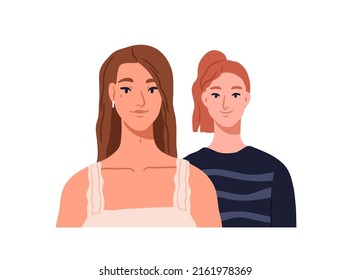 Young women love couple portrait. Modern girls friends smiling. Two pretty females sisters. Happy positive lesbian girlfriends together. Flat vector illustration isolated on white background