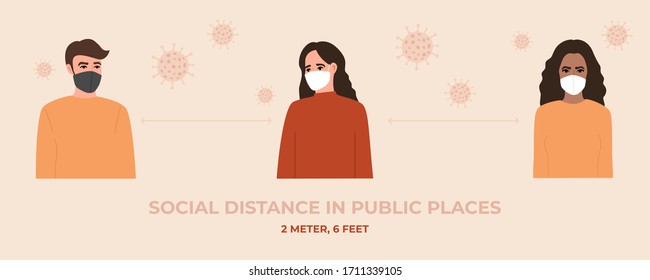 Young women and man in medical respiratory mask maintain a social distance in public places, 2 meter or 6 feet from each other. Coronavirus, quarantine time. Vector illustration in a flat style. 