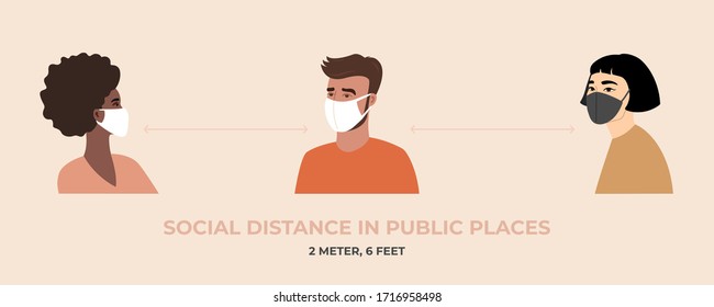 Young women and man in medical respiratory mask maintain a social distance in public places, 2 meter or 6 feet from each other. Coronavirus, quarantine time. Vector illustration in a flat style. 