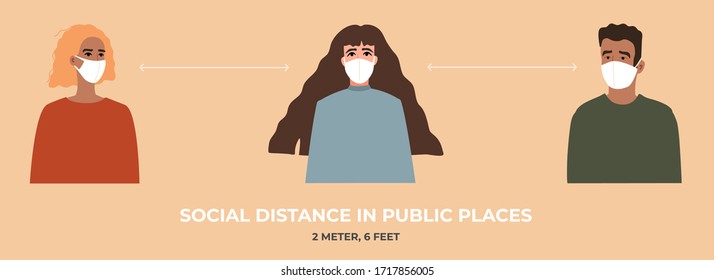 Young women and man in medical respiratory mask maintain a social distance in public places, 2 meter or 6 feet from each other. Coronavirus, quarantine time. Vector illustration in a flat style. 