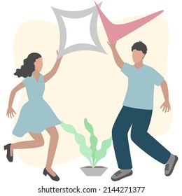 Las mujeres jóvenes y los hombres trabajan en equipo completando la tarea.Manteniendo la casilla de verificación y marca de verificación.Vector
