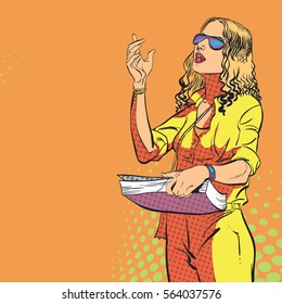 Young women managing process. Woman's management. Speaking woman. Woman in sunglasses. Hand up. Woman explaining something. Concept idea of advertisement. Halftone background. Pop art illustration. 