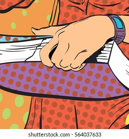Young women managing process. Woman's management. Woman;s hand. Woman holding papers. Concept idea of advertisement. Halftone background. Pop art illustration. 