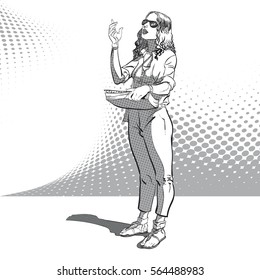 Young women managing process. Woman's management. Speaking woman. Woman in sunglasses. Hand up. Woman explaining something. Concept idea of advertisement. Halftone background. Pop art illustration. 
