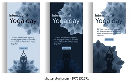 Young women meditation 21 june international yoga day. Web page template of yoga school, studio. Modern flat silhouette design concept web page design for website and mobile website, mobile interface