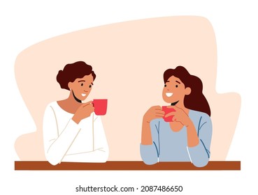 Mujeres jóvenes se reúnen en casa o café bebiendo café o té con tazas en las manos. Encuentro de Personajes de Novia para Comunicación y Charla, Sparetime de fin de semana. Ilustración de vectores de personas de caricatura