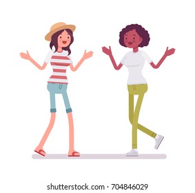 Young women meeting. Mutual trust, attachment and common interests in social activity. Human interaction concept. Vector flat style cartoon illustration, isolated, white background