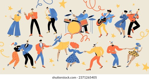 Young women and men dancing at a Christmas party wearing wine caps. Musicians play cheerful music. A set of cute cartoon characters in flat style for your design