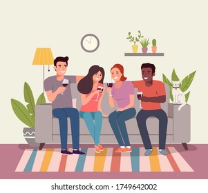 Young women, men are drinking a glass of red wine in their living room. Vector flat style illustration