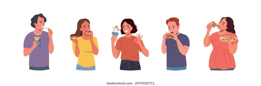 Mujeres y hombres jóvenes comen comida rápida. Ilustración plana de dibujos animados de Vector