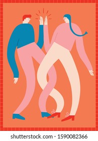 Young women and men get a success or agreement in dialog, business or relationship,  give five to each other and celebrate. Connection and solidarity illustration in vector. 