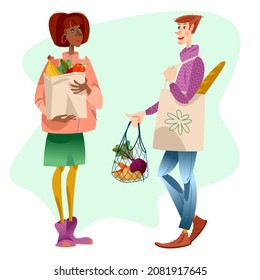 Young women and men holding eco grocery bags. String bag, cotton bag and paper bag for shopping. Zero waste, environment preservation. Vector illustration

