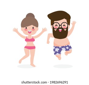 Young women and men jumpping on have a fun summer time, Relaxing couple person at seashore, Lounge time at the seaside. Summer vacation in flat cartoon isolated on white background vector illustration