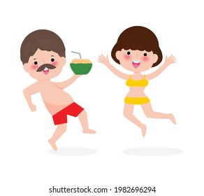 Young women and men jumpping on have a fun summer time, Relaxing couple person at seashore, Lounge time at the seaside. Summer vacation in flat cartoon isolated on white background vector illustration