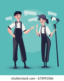 Young women and men painter stand and talk to each other. Vector profession characters.