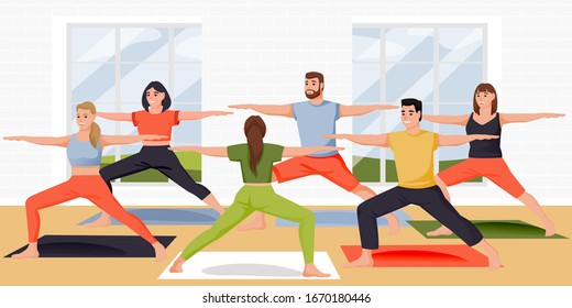 Young Women And Men Practicing Yoga Exercise And Meditation With Instructor In Modern Studio. Vector Flat Cartoon Characters Illustration. Concept Of Active Healthy Lifestyle. Fitness And Yoga Class