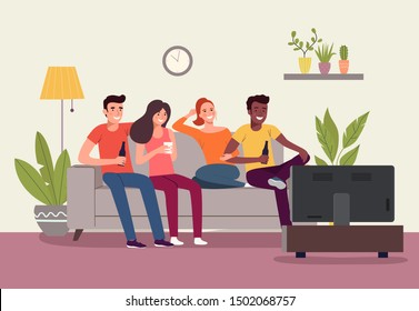 Young women, men sitting on sofa and watching TV in the living room. Vector flat style illustration
