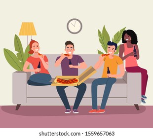 Young women, men sitting on sofa and eating pizza in the living room. Vector flat style illustration