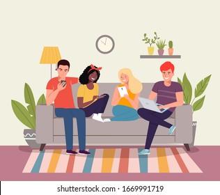 Young women, men sitting on sofa and look at gadgets in the living room. Vector flat style illustration