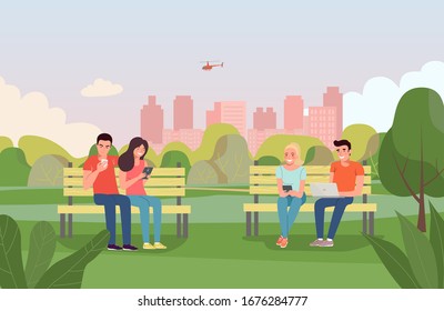 Young women, men sitting on benches and look at gadgets in the park. Vector flat style illustration