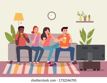 Junge Frauen, Männer, die auf dem Sofa sitzen und Burger essen und fernsehen auf dem Sofa im Wohnzimmer. Vektor-Flachbild-Abbildung