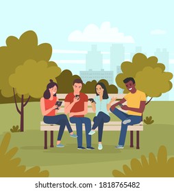 Young women, men sitting on bench and look at gadgets in the park. Vector flat cartoon  style illustration