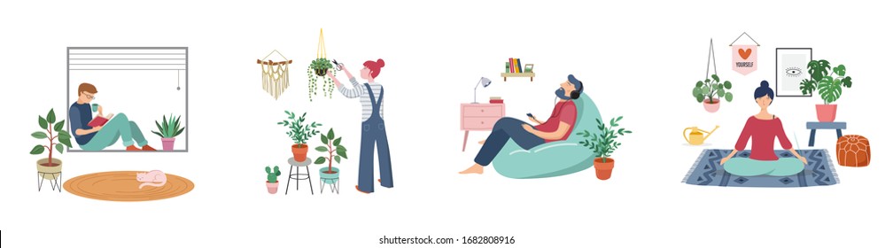 Young women and men are sitting at their home, room or apartment, practicing yoga, enjoying meditation, relaxing on sofa, reading books, baking and listening to the music. Flat cartoon vector