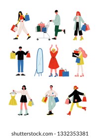 Young Women and Men in Trendy Clothes Carrying Shopping Bags with Purchases Set, People Purchasing at Store, Mall or Shop Vector Illustration