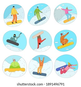 Young women and men in winter sportswear practicing snowboarding on snow