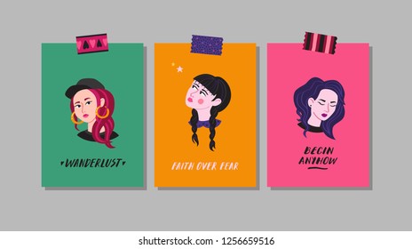 Young women motivation and support greeting cards. Naive style vector. Part four.