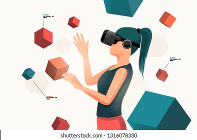 Eine junge Frau, die Objekte mit einem virtuellen VR-Headset bewegt. Menschen, Vektorgrafik.