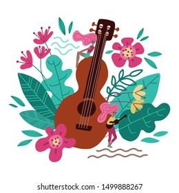 Young women near big guitar hand drawn character. Scandinavian style doodle decorative leaves, flowers. Music obsession metaphor flat cartoon illustration. Music festival promo banner, poster design.