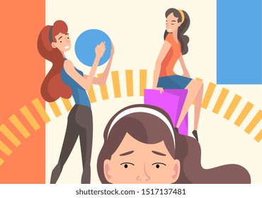 Young Women Organizing Colorful Abstract Geometric Shapes, Girls Holding Different Figures Vector Illustration