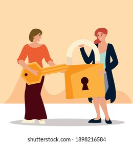 young women with padlock and key secuirty concept vector illustration