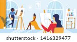 Young Women Painting Girl Model Sitting on Chair Posing for Creative Workshop in Large Classroom. Artists Characters Drawing on Canvas at Easel during Art Class Hobby, Cartoon Flat Vector Illustration