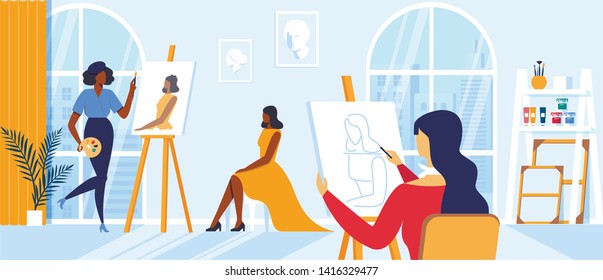 Young Women Painting Girl Model Sitting on Chair Posing for Creative Workshop in Large Classroom. Artists Characters Drawing on Canvas at Easel during Art Class Hobby, Cartoon Flat Vector Illustration