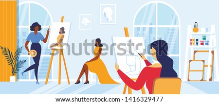 Young Women Painting Girl Model Sitting on Chair Posing for Creative Workshop in Large Classroom. Artists Characters Drawing on Canvas at Easel during Art Class Hobby, Cartoon Flat Vector Illustration