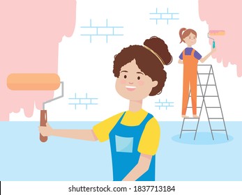 young women painting the wall with paint roller and ladder vector illustration remodeling