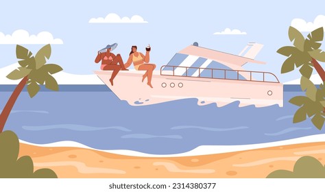 Young women partying and enjoying sailing on sea pleasure boat, flat vector illustration. Luxurious summer vacation at sea or ocean on pleasure boat or yacht.