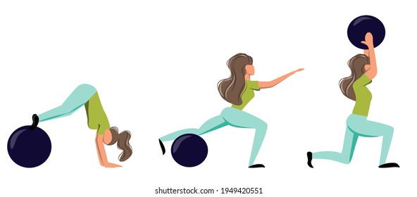 Young women perform exercises with fitball isolated on a light background. Young woman doing stability exercises.